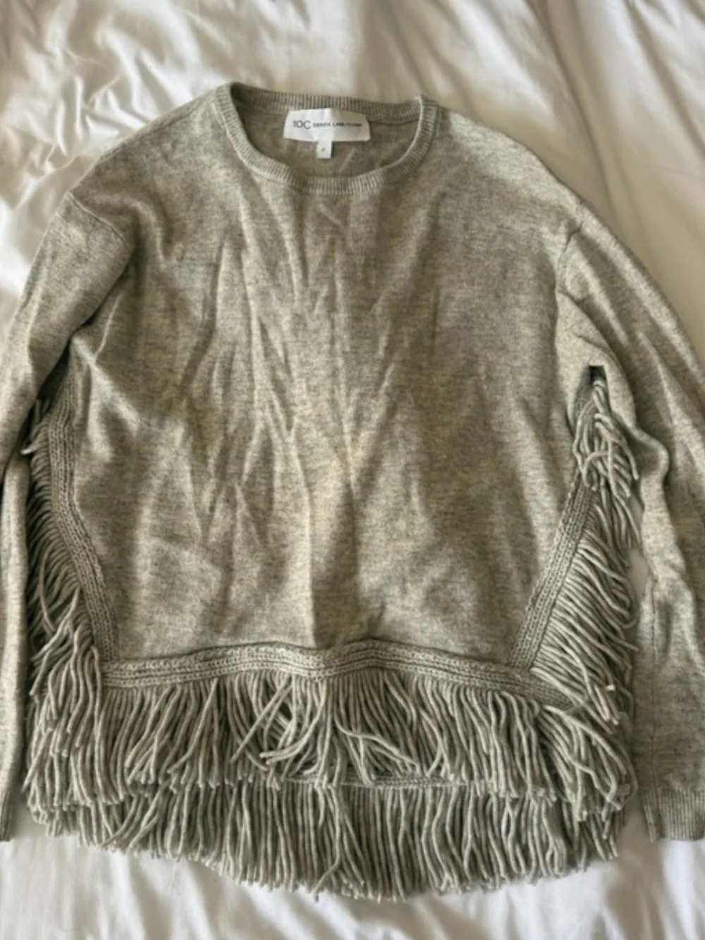 10 Crosby Derek Lam Light Gray Fringe Crewneck Sweater